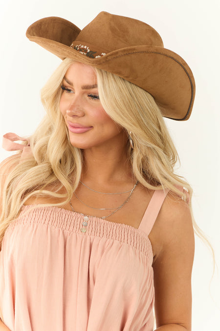 Cognac Curved Brim Flower Pattern Strap Cowboy Hat