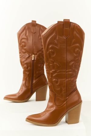 Cognac Faux Leather Embroidered Western Boots