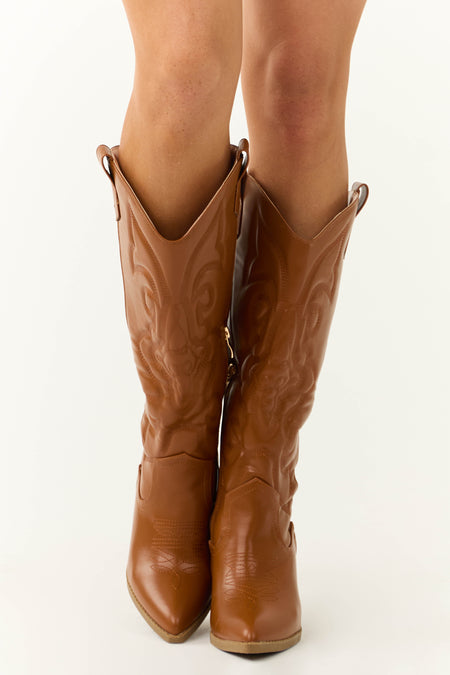 Cognac Faux Leather Embroidered Western Boots