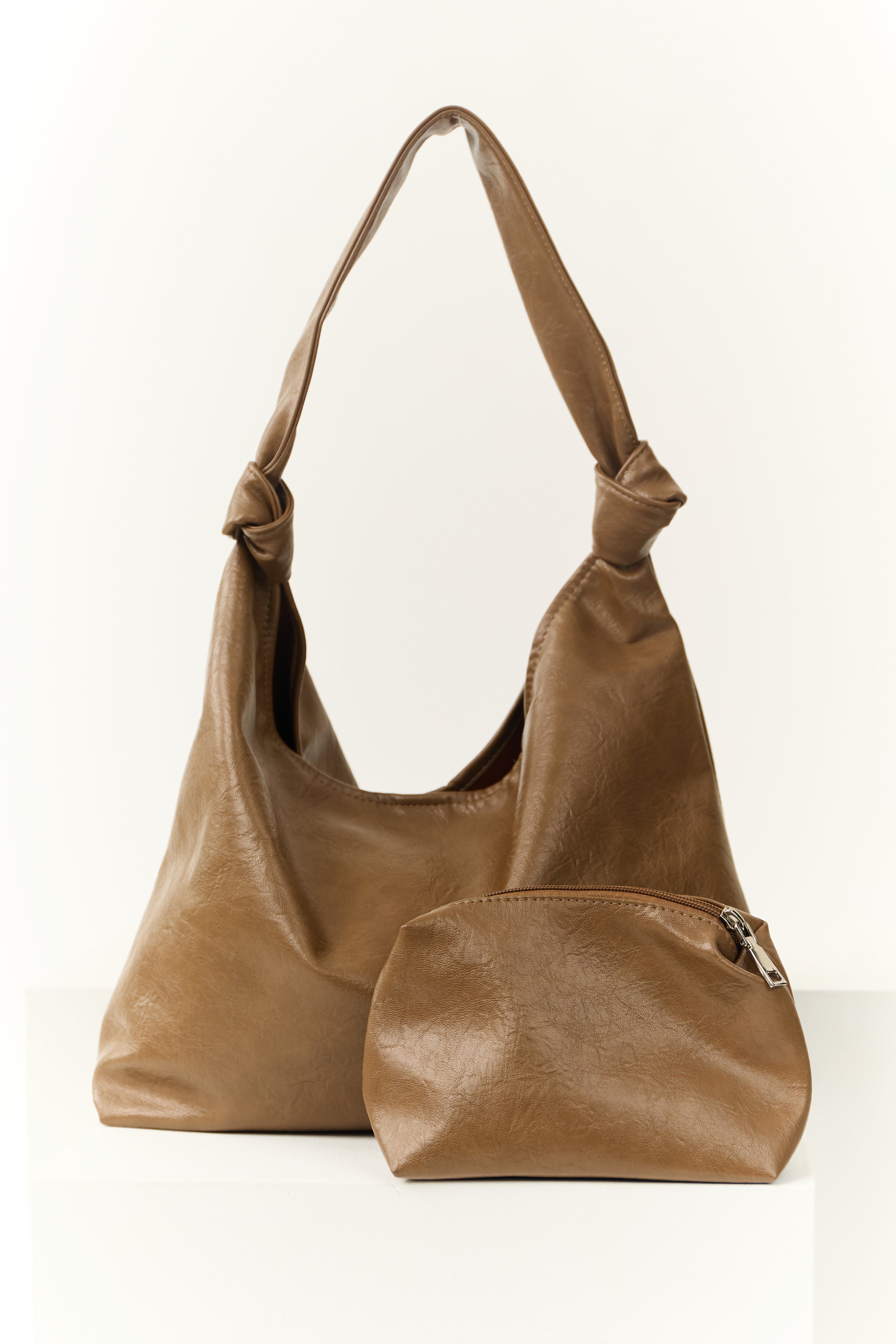 Cognac Faux Leather Hobo Bag with Inside Coin Purse