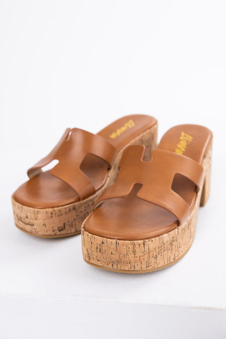 Cognac Geometric Strap Cork Platform Heels