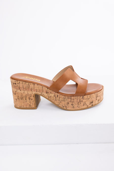 Cognac Geometric Strap Cork Platform Heels