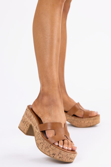 Cognac Geometric Strap Cork Platform Heels