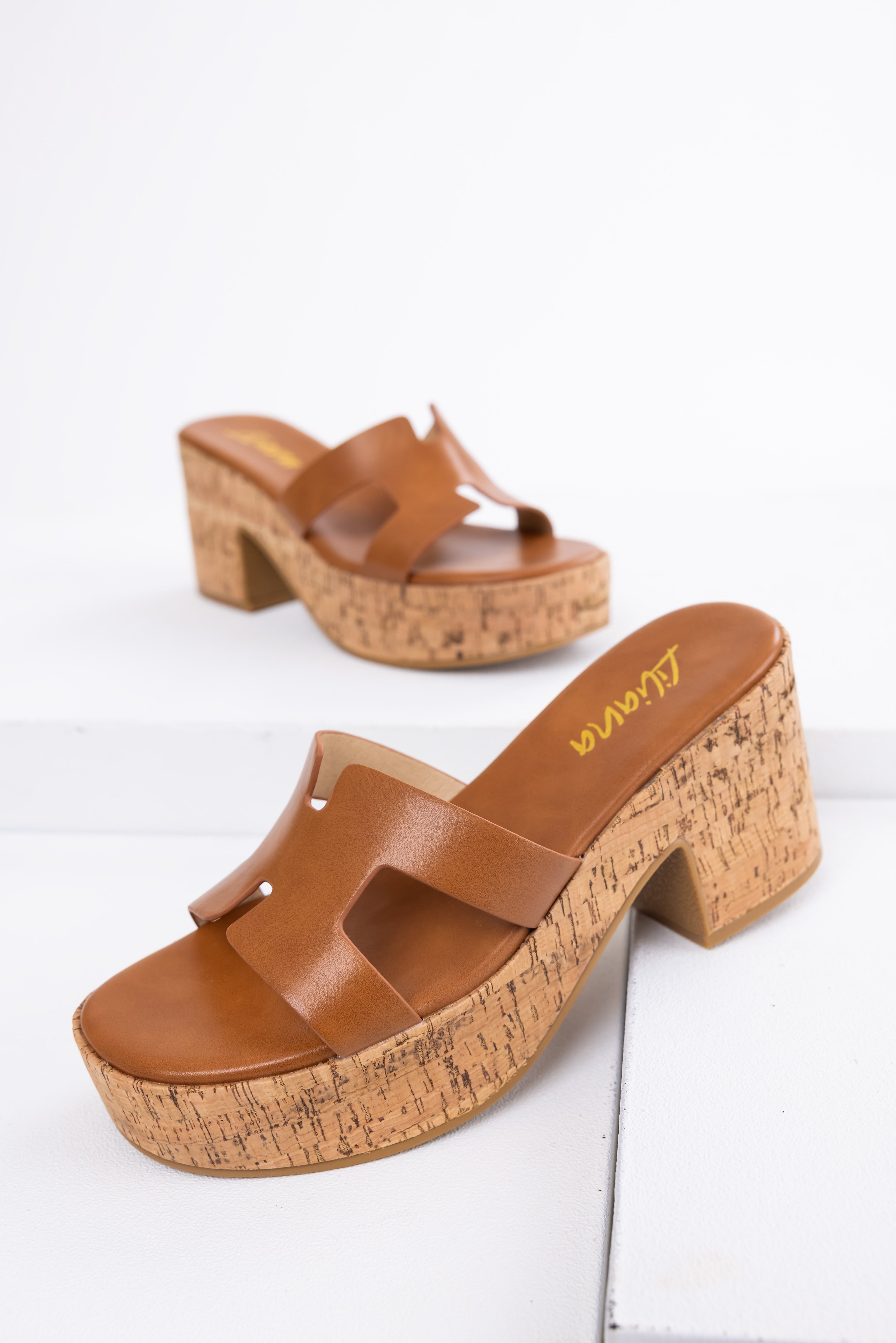 Cognac Geometric Strap Cork Platform Heels Lime Lush Boutique