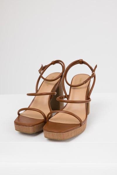 Cognac Jute Platform Thin Strap High Heels