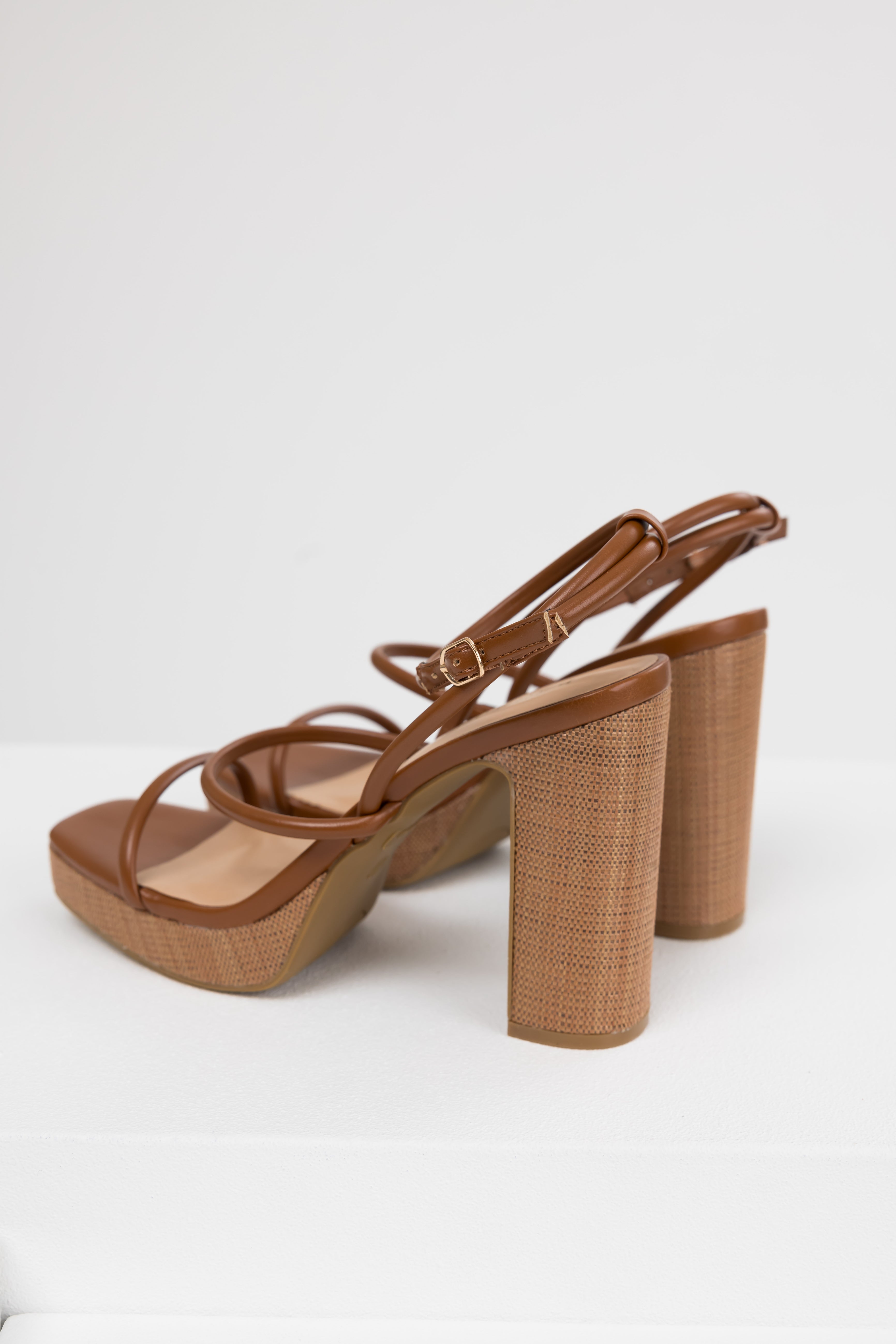 Cognac Jute Platform Thin Strap High Heels