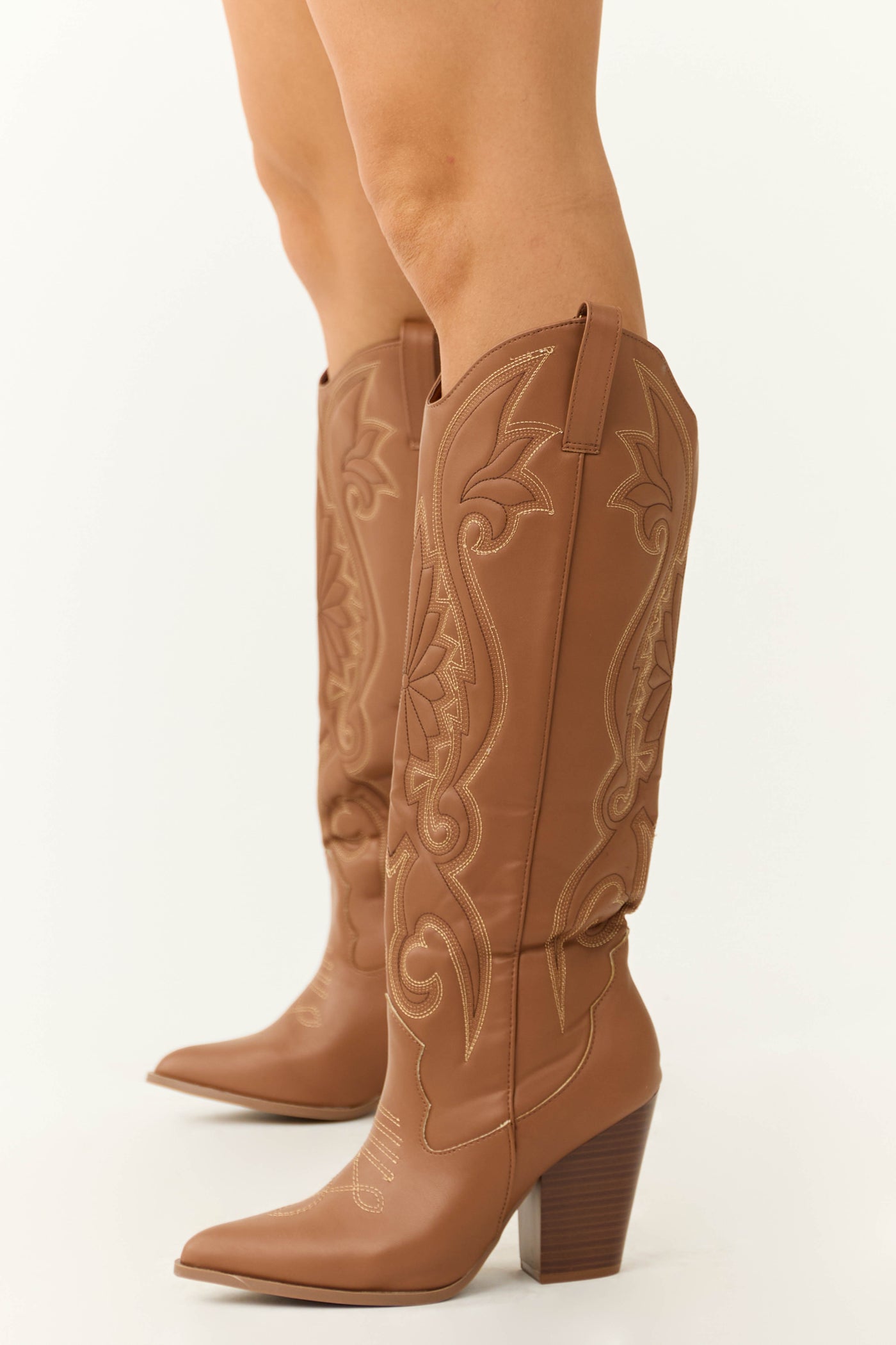 Cognac Knee High Embroidered Western Boots