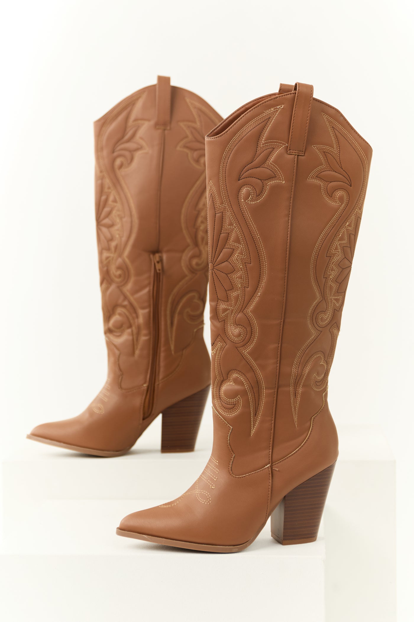 Cognac Knee High Embroidered Western Boots