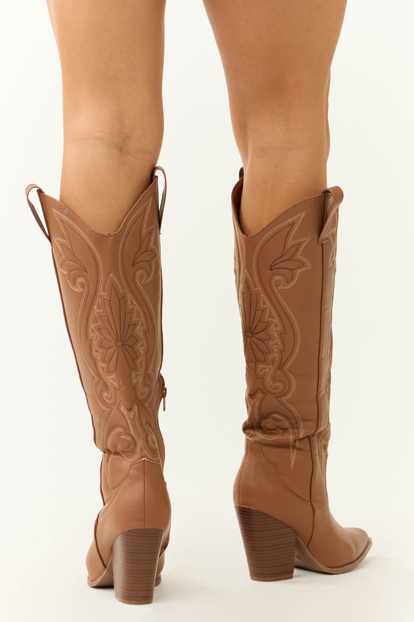 Cognac Knee High Embroidered Western Boots