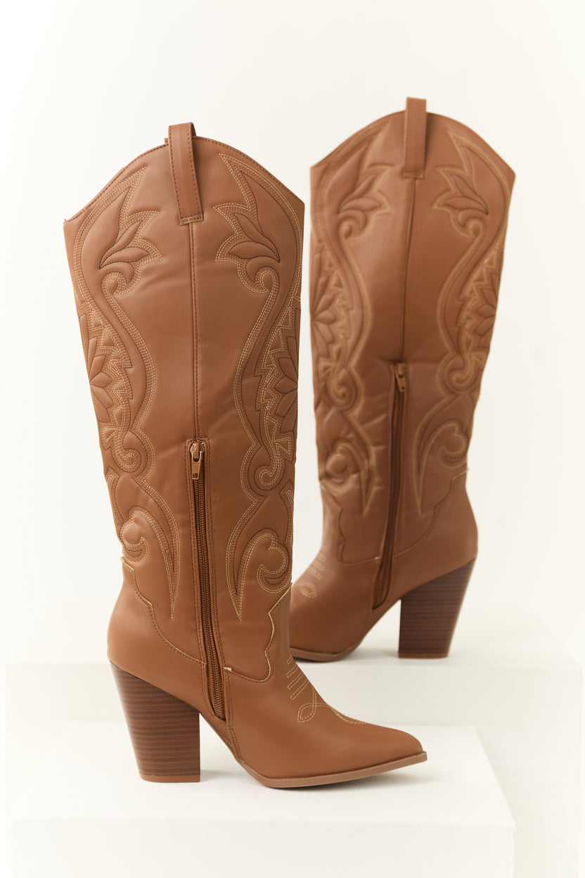 Cognac Knee High Embroidered Western Boots