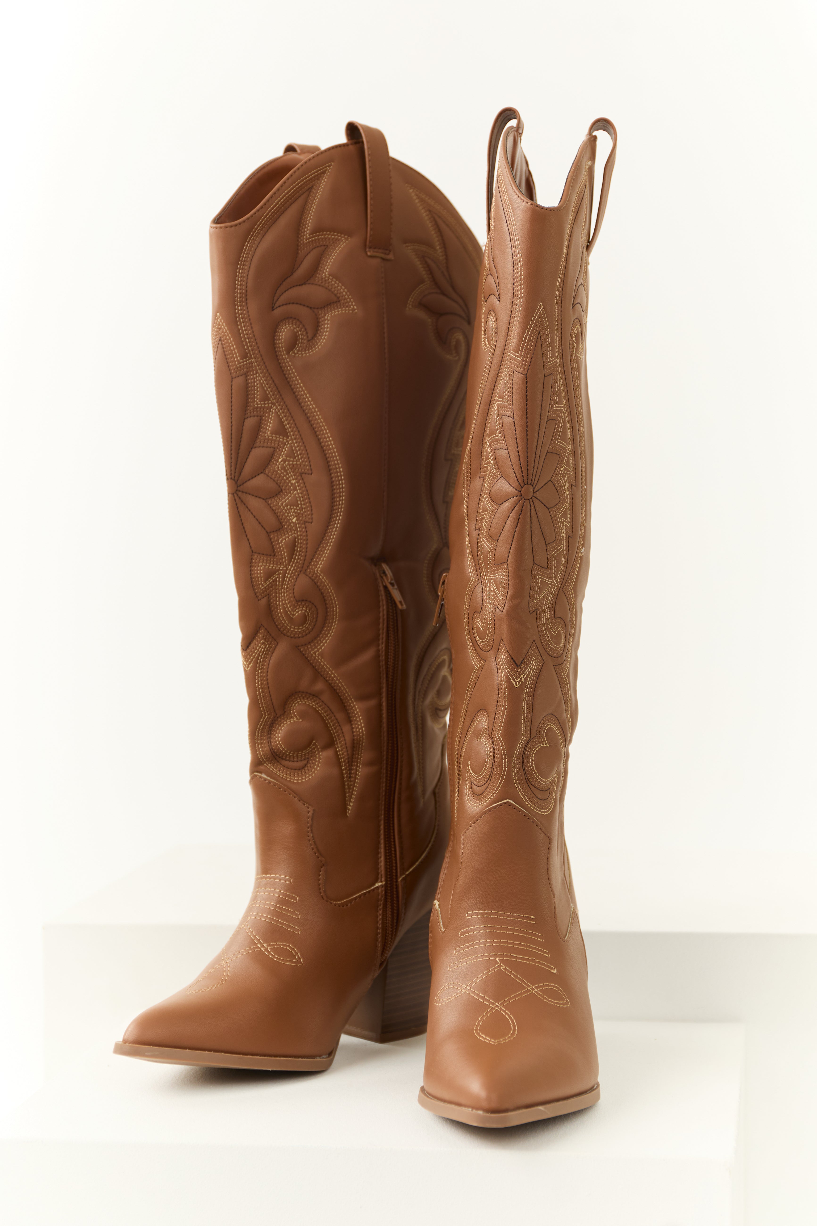 Cognac Knee High Embroidered Western Boots