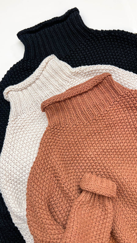 Cognac Mock Neck Rolled Hem Chunky Sweater