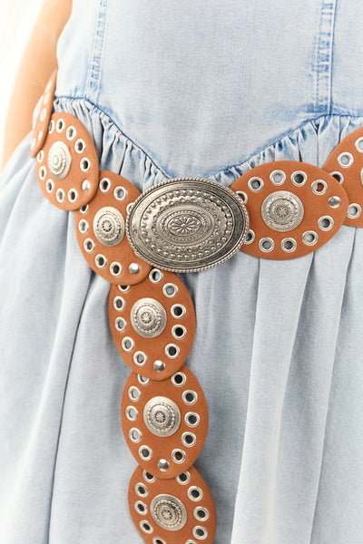 Cognac Ornate Link Western Faux Leather Belt