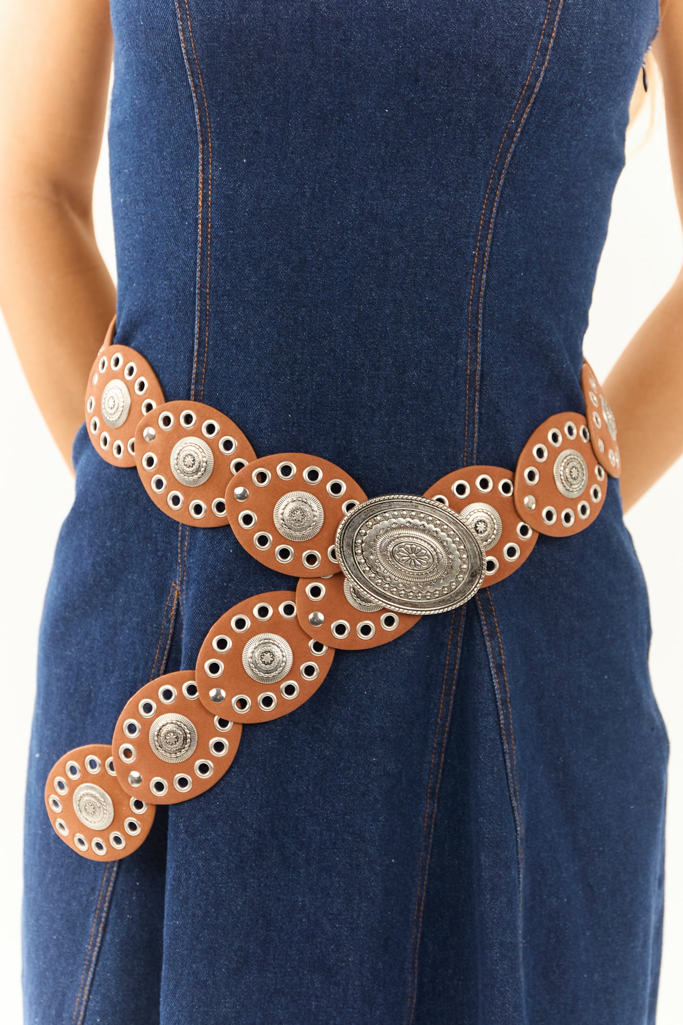 Cognac Ornate Link Western Faux Leather Belt