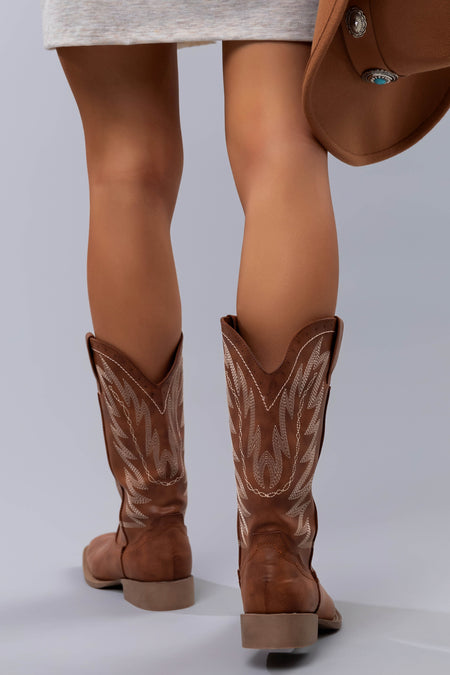 Cognac Pleather Square Toe Cowboy Boots