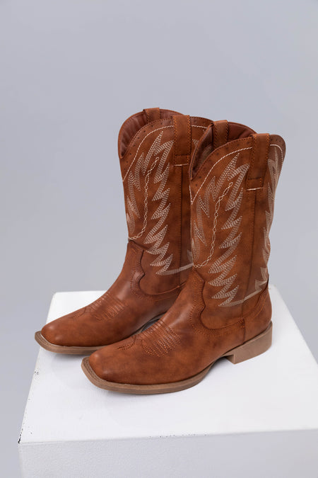 Cognac Pleather Square Toe Cowboy Boots