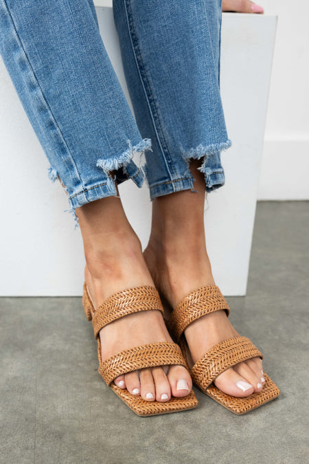 Cognac Raffia Woven Low Heel Sandals