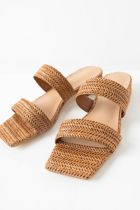 Cognac Raffia Woven Low Heel Sandals