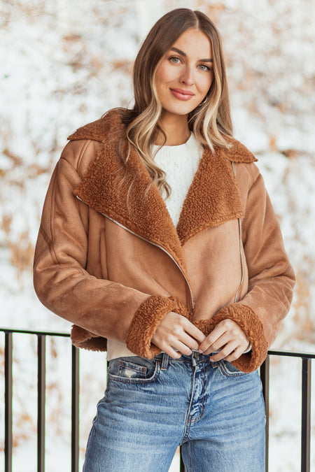 Cognac Sherpa Lined Faux Suede Jacket