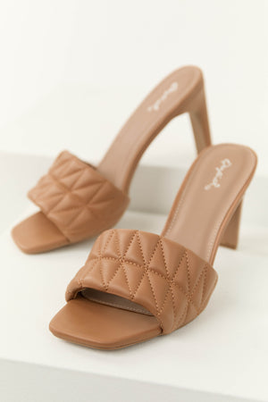 Cognac Square Toe Quilted Strap High Heels