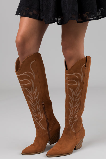 Cognac Suede Knee High Pointed Toe Western Boots