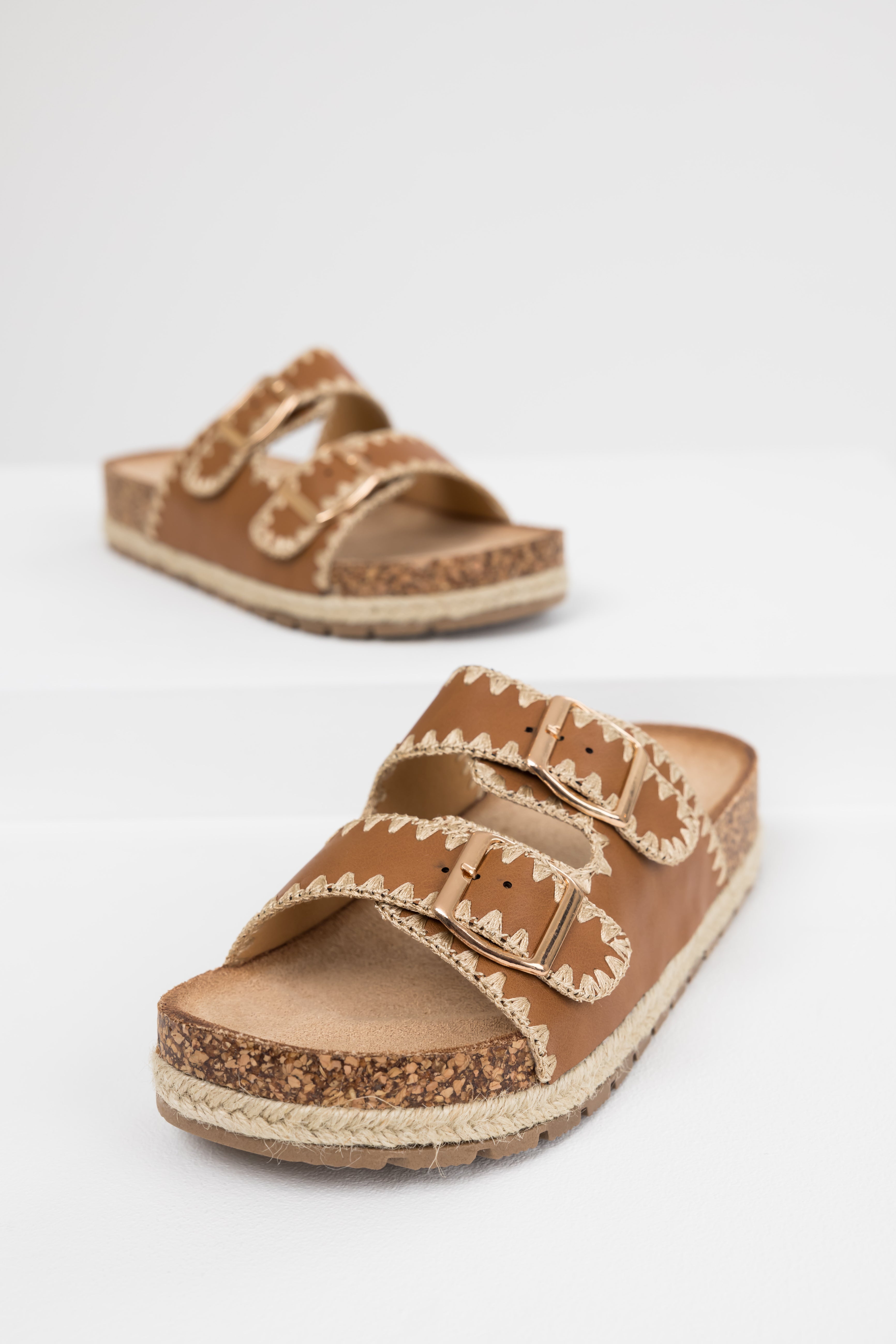 Cognac Thread Trim Buckle Cork Slide Sandals