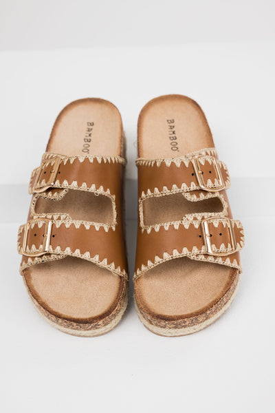 Cognac Thread Trim Buckle Cork Slide Sandals