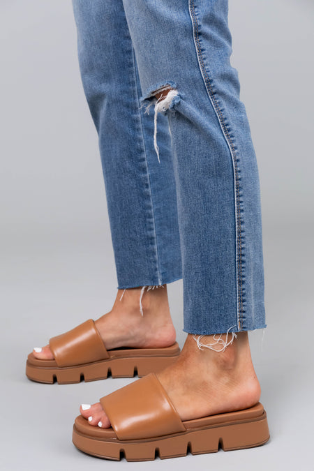 Cognac Treaded Platform Slide Sandals