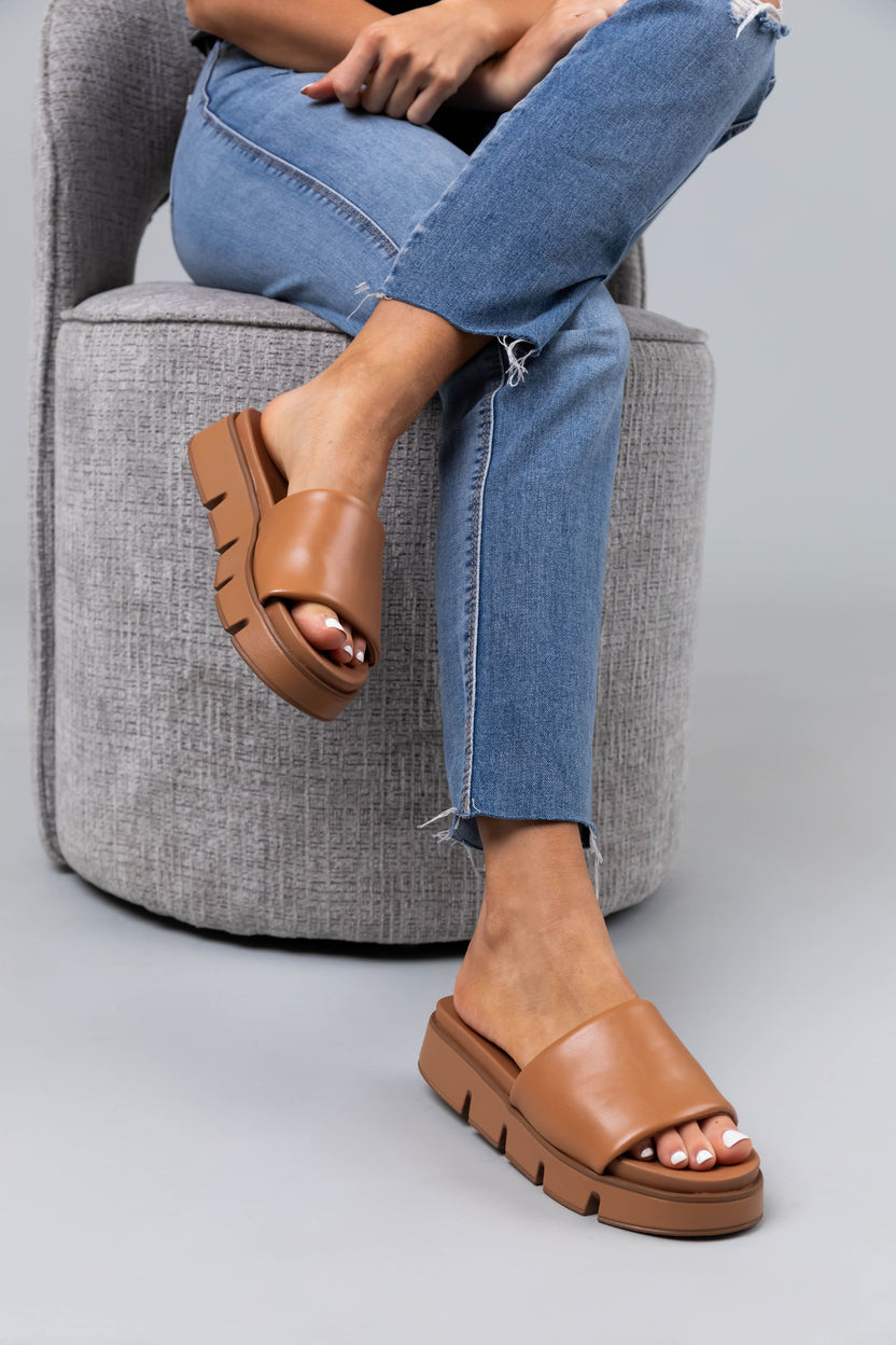 Cognac Treaded Platform Slide Sandals