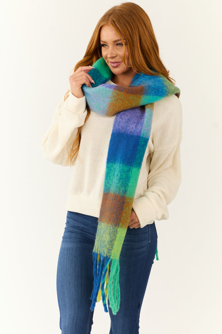 Colorful Buffalo Plaid Fuzzy Fringe Scarf