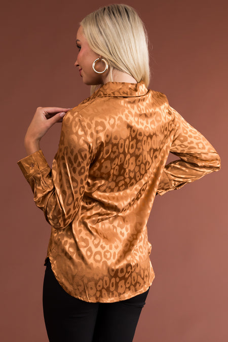 Copper Leopard Jacquard Button Up Satin Blouse