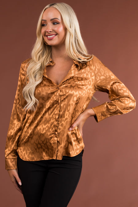 Copper Leopard Jacquard Button Up Satin Blouse