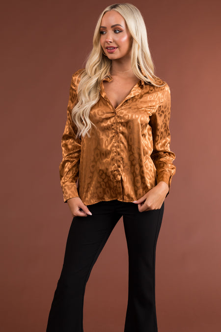 Copper Leopard Jacquard Button Up Satin Blouse