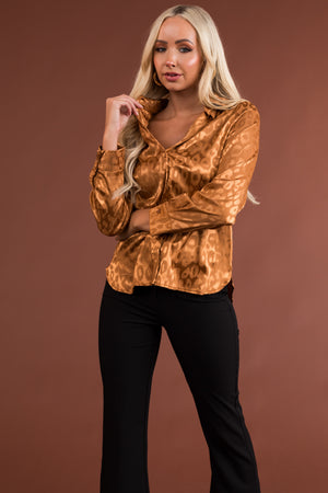 Copper Leopard Jacquard Button Up Satin Blouse