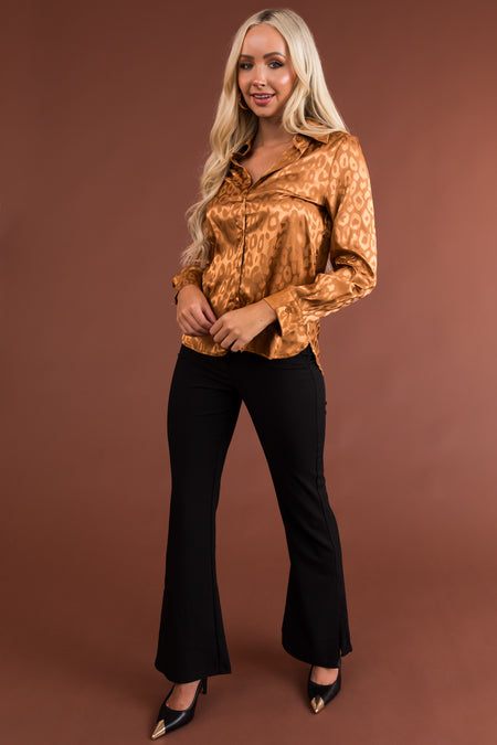 Copper Leopard Jacquard Button Up Satin Blouse