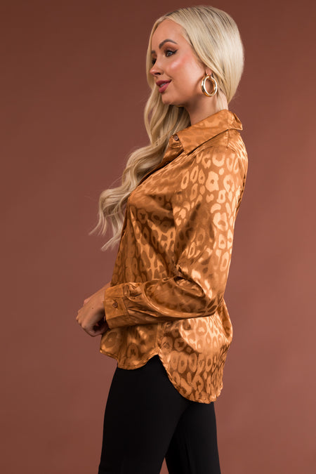 Copper Leopard Jacquard Button Up Satin Blouse