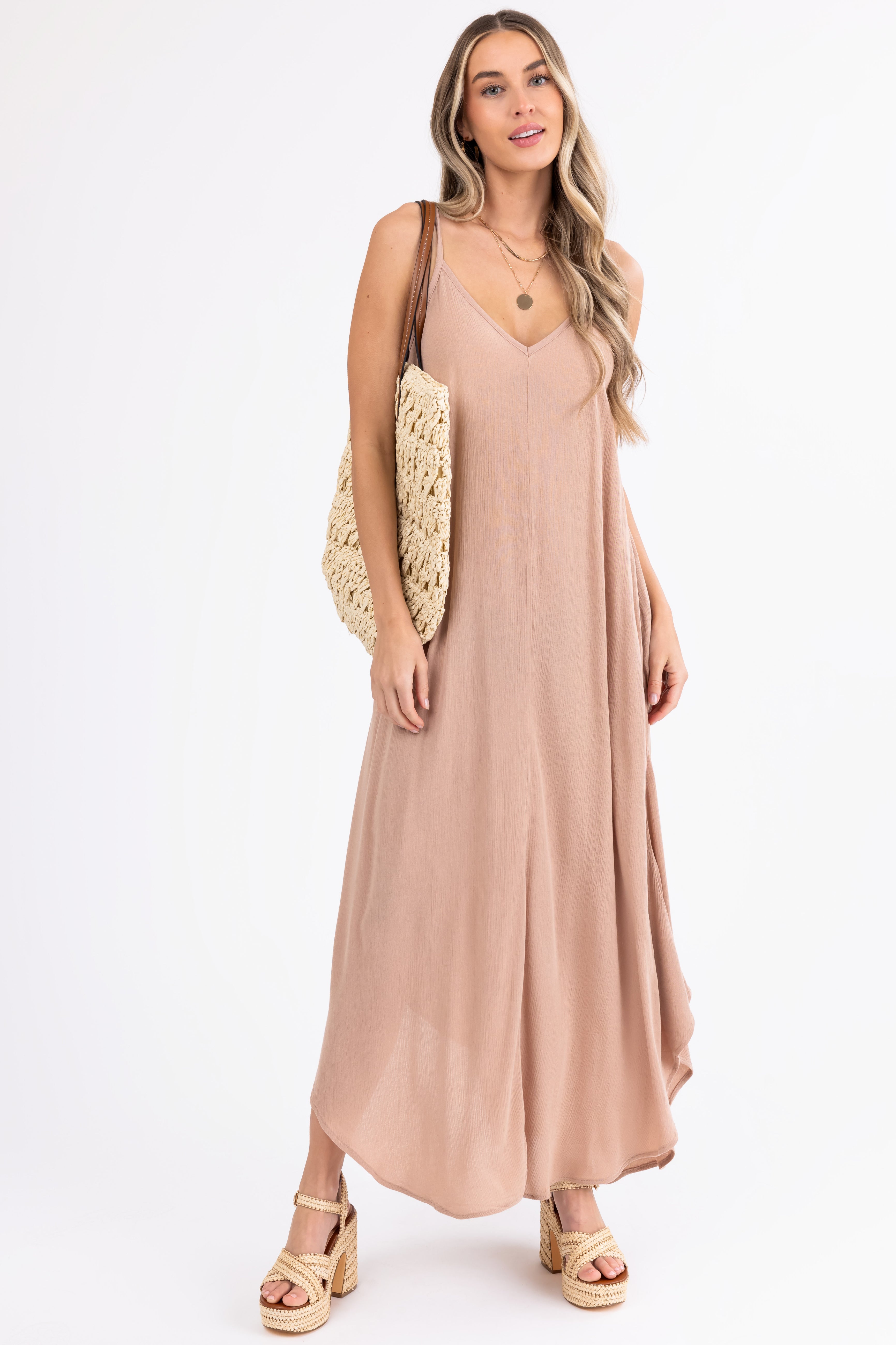 Copper Sleeveless V Neck Textured Maxi Dress