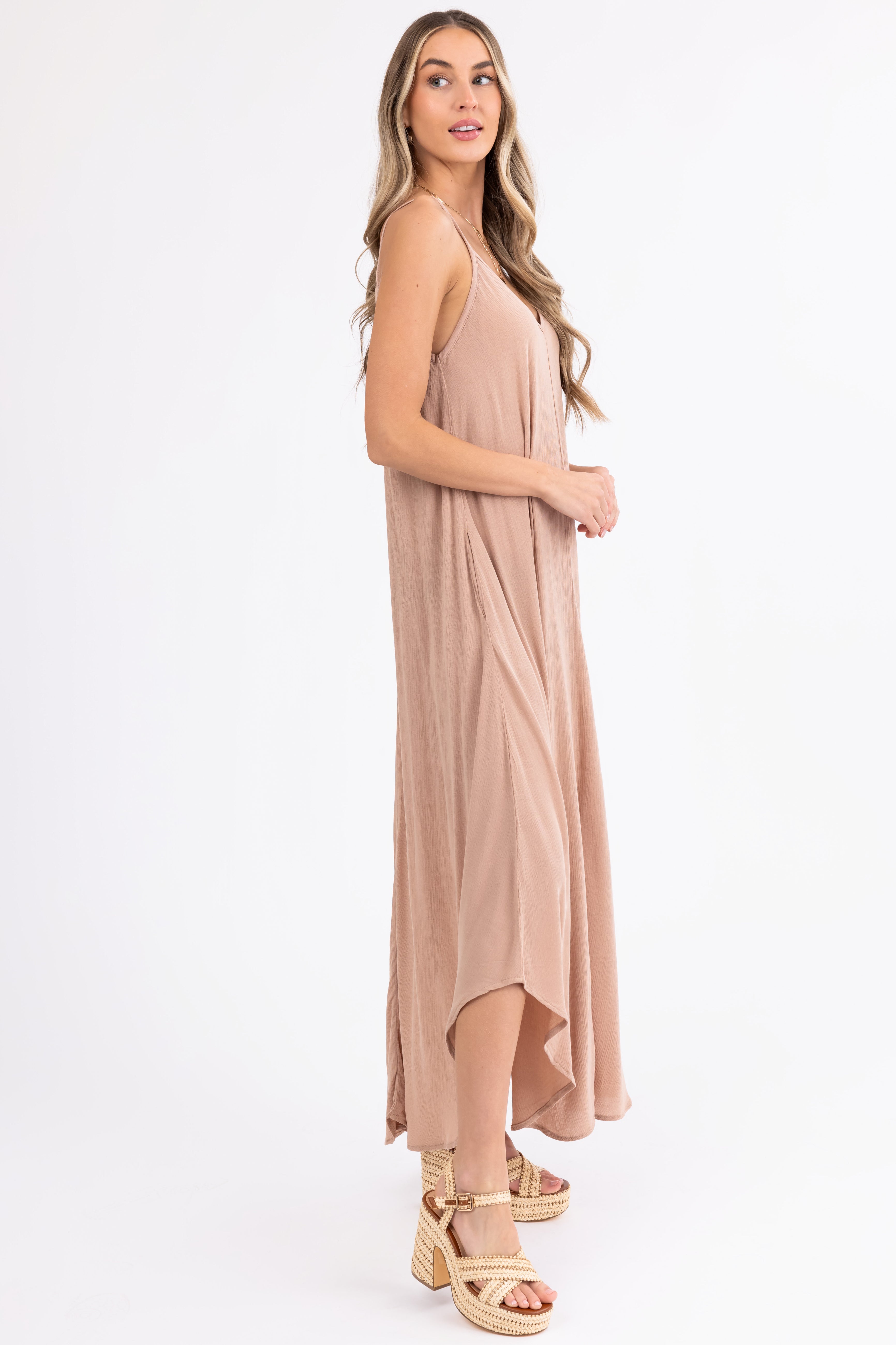 Copper Sleeveless V Neck Textured Maxi Dress