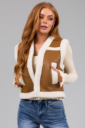 Copper and Ivory Faux Leather and Sherpa Vest