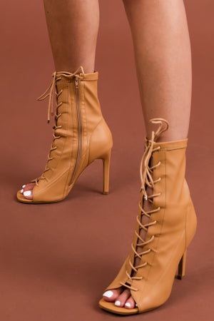 Copper Faux Leather Lace Up Peep Toe High Heels