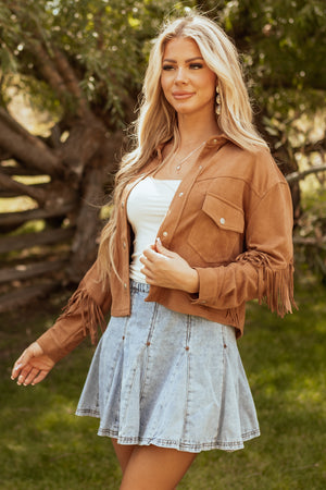 Copper Faux Suede Collared Fringe Jacket