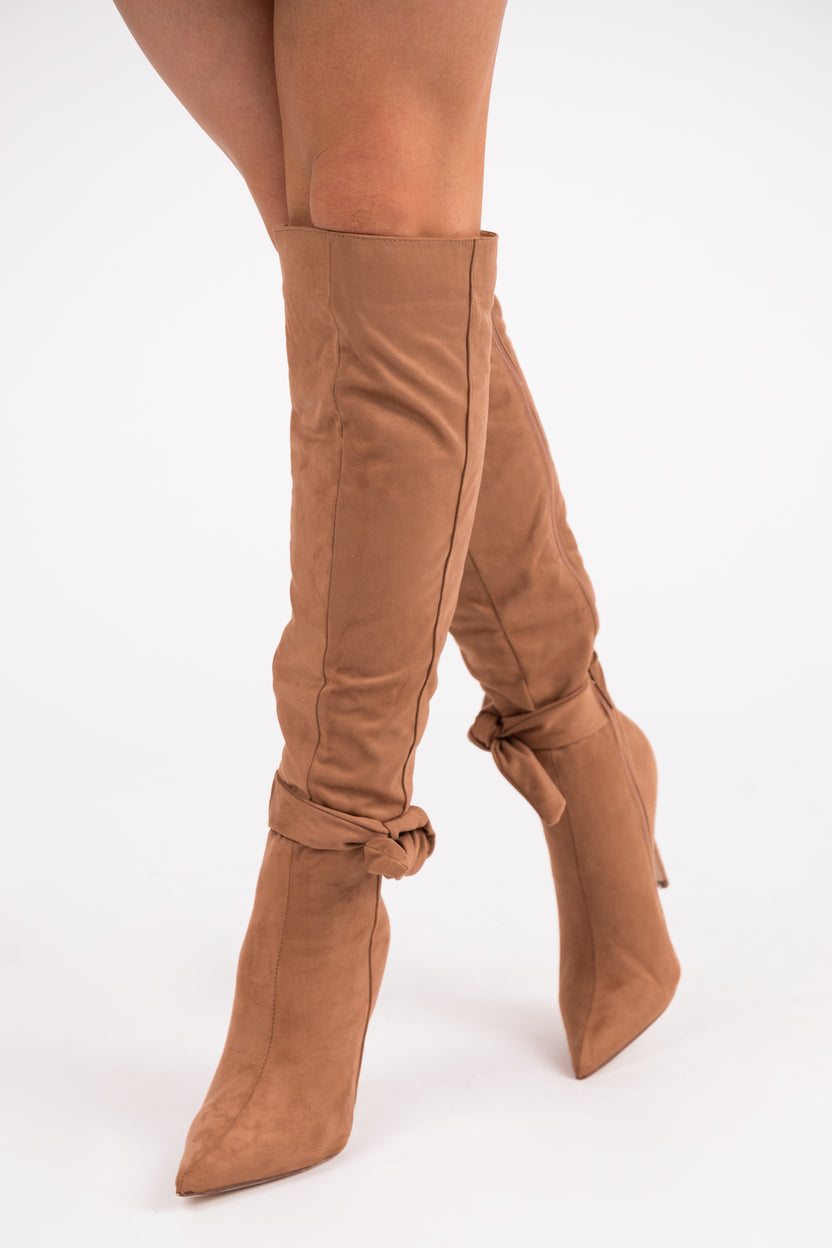 Copper Heeled Knee High Side Bow Detail Boots