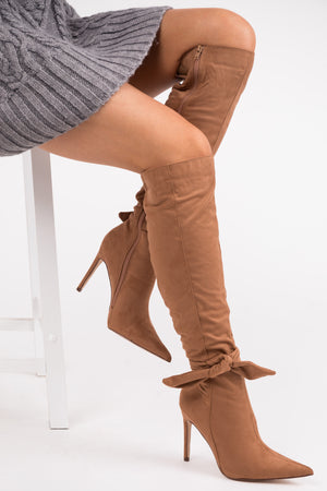 Copper Heeled Knee High Side Bow Detail Boots