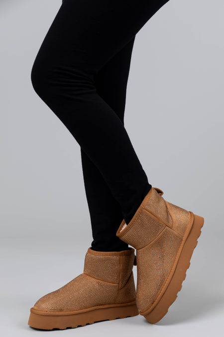 Copper Rhinestone Fleece Lined Platform Booties