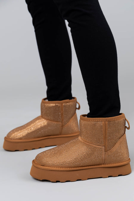 Copper Rhinestone Fleece Lined Platform Booties