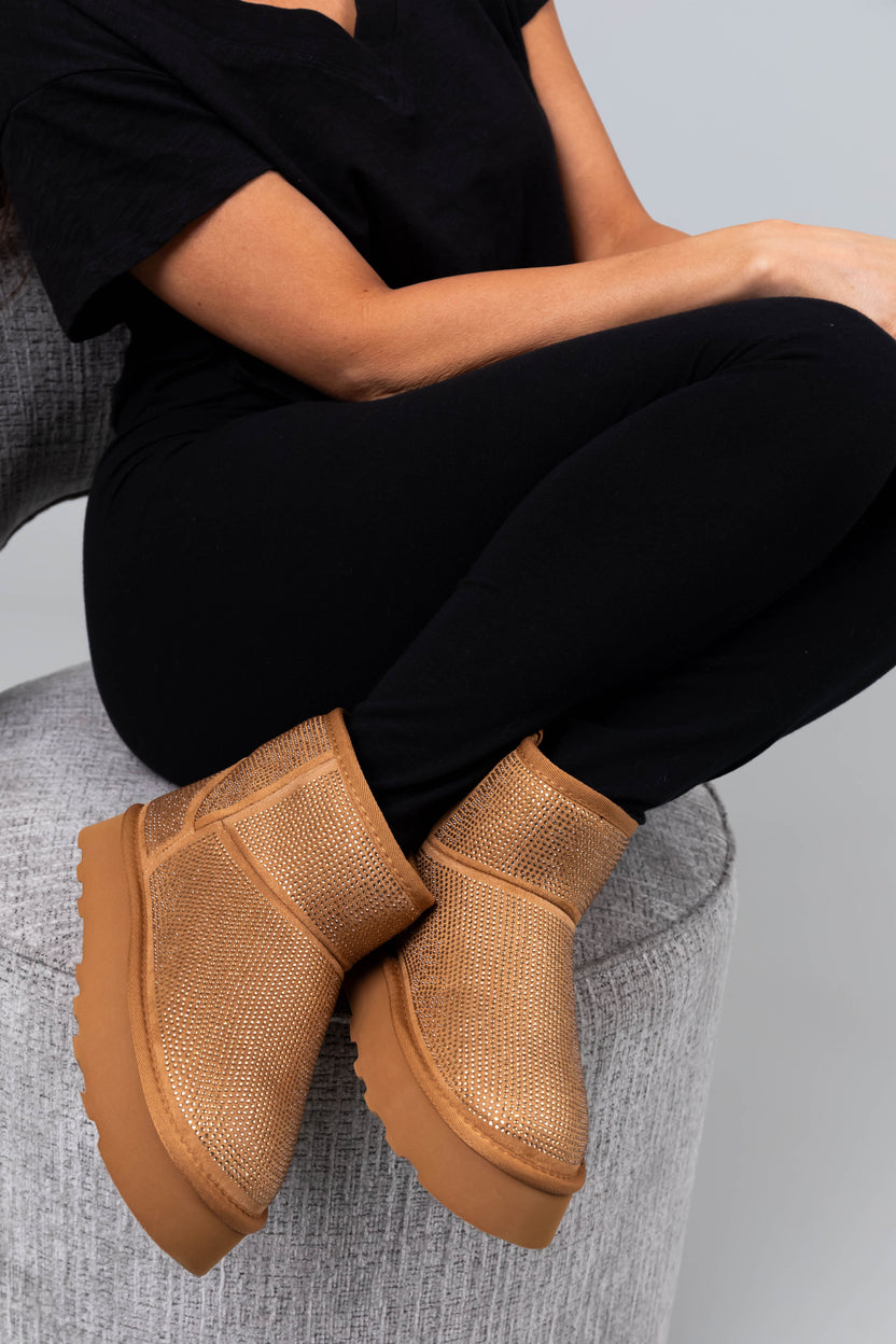 Copper Rhinestone Fleece Lined Platform Booties