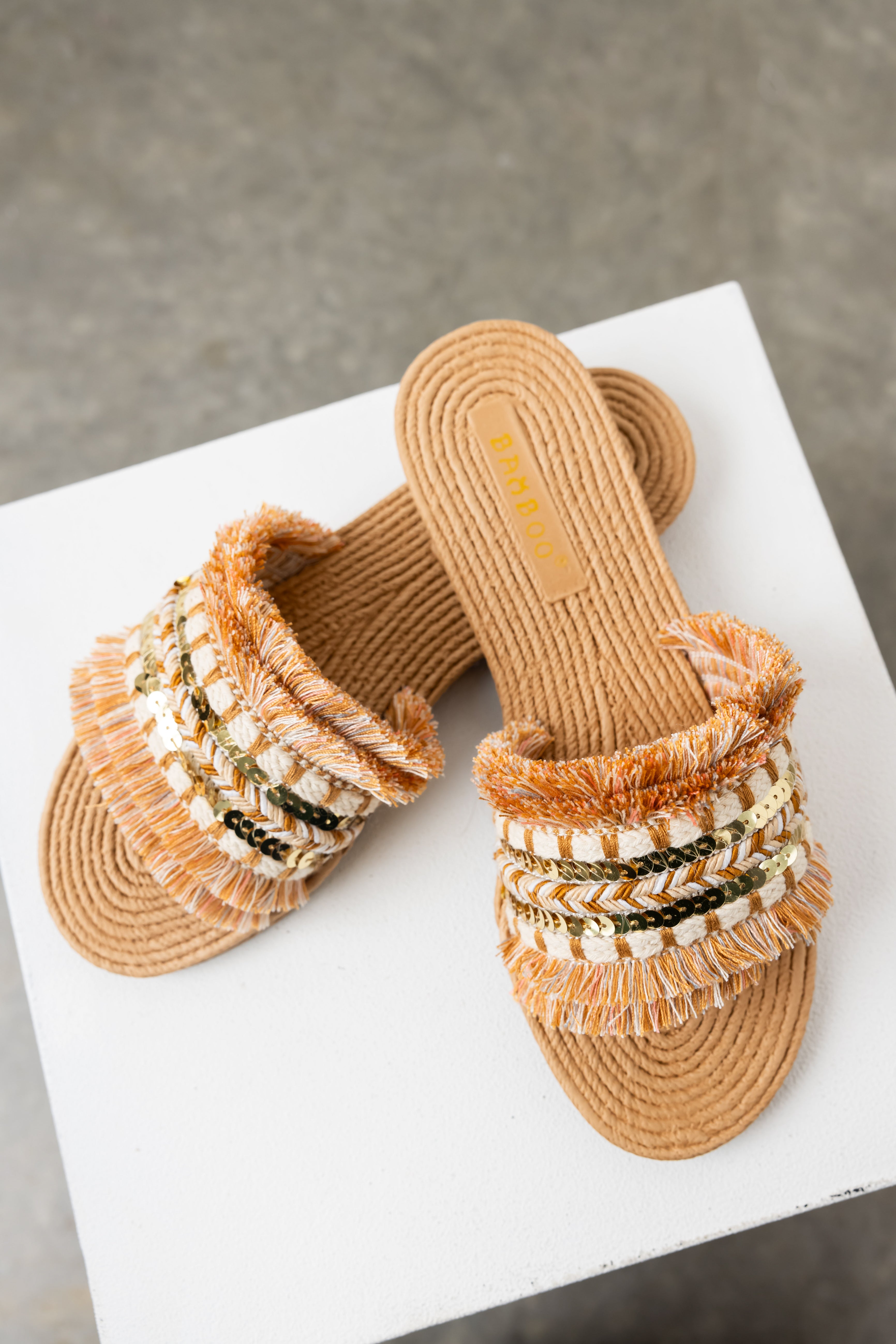 Copper Slip On Fringe Sandals