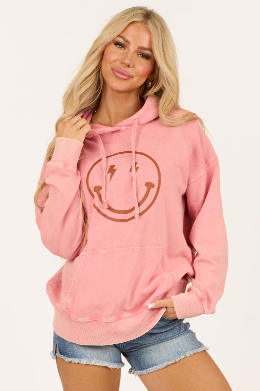 Coral Happy Face Mineral Wash Drawstring Hoodie