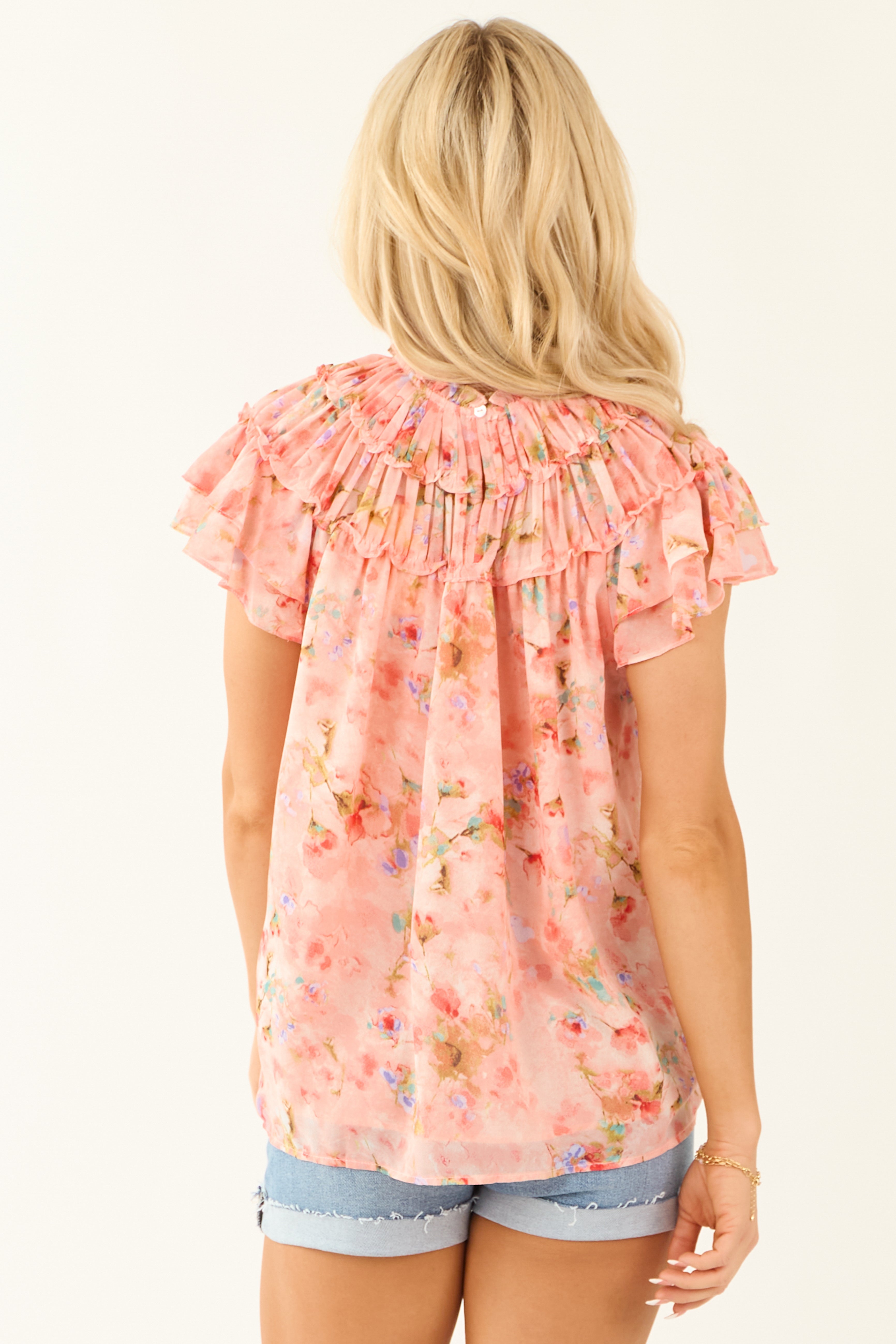 Coral High Neck Floral Print Short Sleeve Blouse