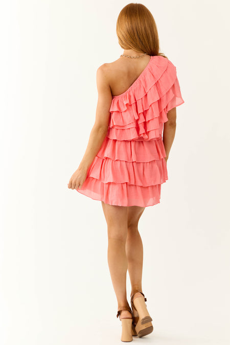 Coral One Shoulder Tiered Ruffle Mini Dress